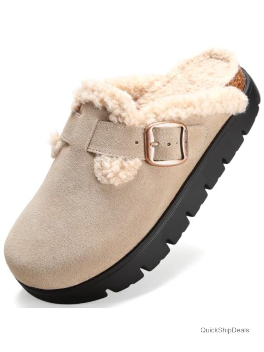 Women's Suede Faux Fur Lined Platform Clogs Mules Arch Support